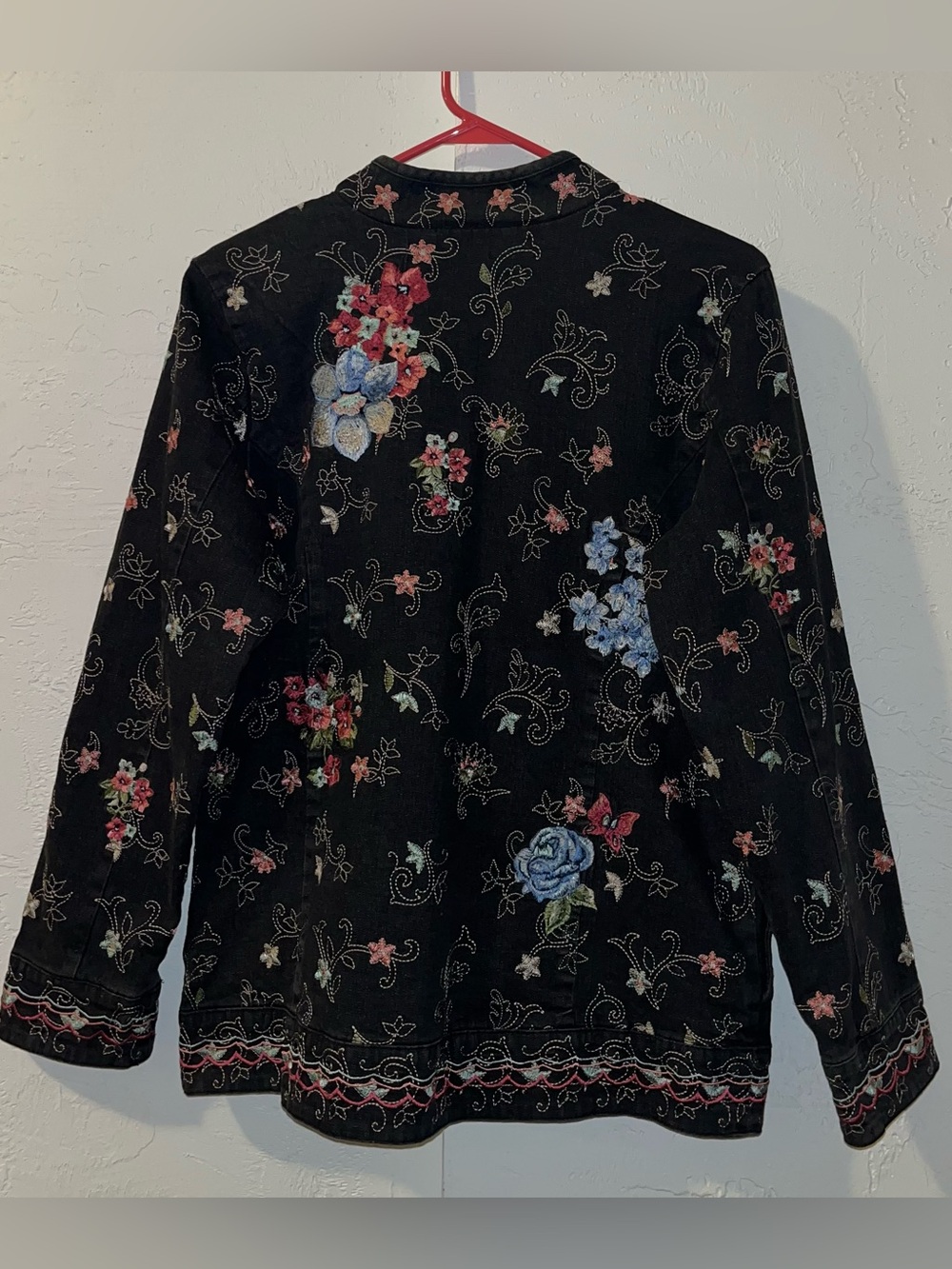 Denim & Co Beautiful Floral Embroidered Black Jean Jacket - Picture 3 of 16